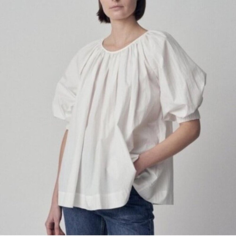 CO NWOT White Essentials Cotton Peasant Quarter 3/4â Sleeve Flowy Blouse Size XS